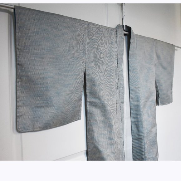 Vintage Blue ORI Woven Unisex Kimono, Long Authentic Japanese Silk Kimono - Picture 9 of 16